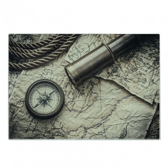 Compass Cutting Board, Maritime Themed Vintage Photo with Nostalgic Tools Spyglass Old Map and Sextant, Decorative Tempered Glass Cutting and Serving Board, in 3 Sizes, by Ambesonne