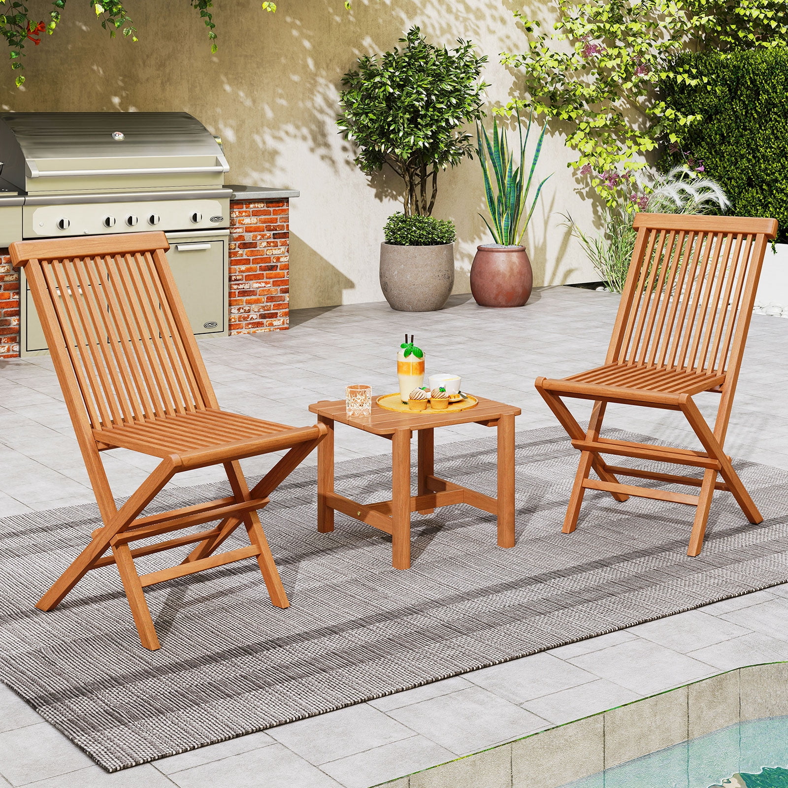 Gymax Teak Wood Patio Chairs Set of 4 Outdoor Folding Chairs w/ High Back for Dining