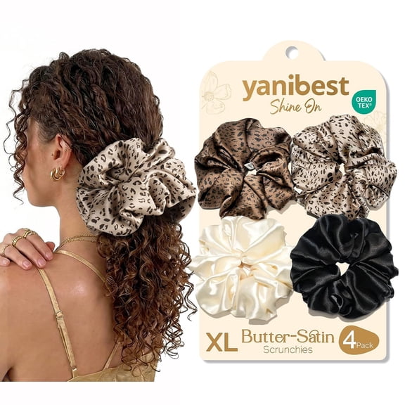 Yanibest Oversized 4 pcs Silk Scrunchies for Women & Girls,Big Satin Hair Scrunchies,Jumbo Damage-Free Hair Ties,Leopard