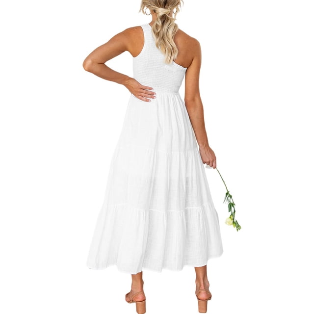 VONKY Robe Longue Femme Décontractée Plissée Midi Robe d'Été Fête Danse Plage Vacances Bureau Mode Adolescents Vêtements d'Été Blanc S Blanc L