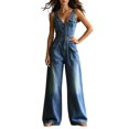 thumbnail image 4 of Karymi Pants for Women Sleeveless V Neck Denim Jumpsuit, Elastic Gathered Waist Button Front Wide Leg Overalls, Cargo Pocket One Piece Outfit Capri Pants for Women, 4 of 7