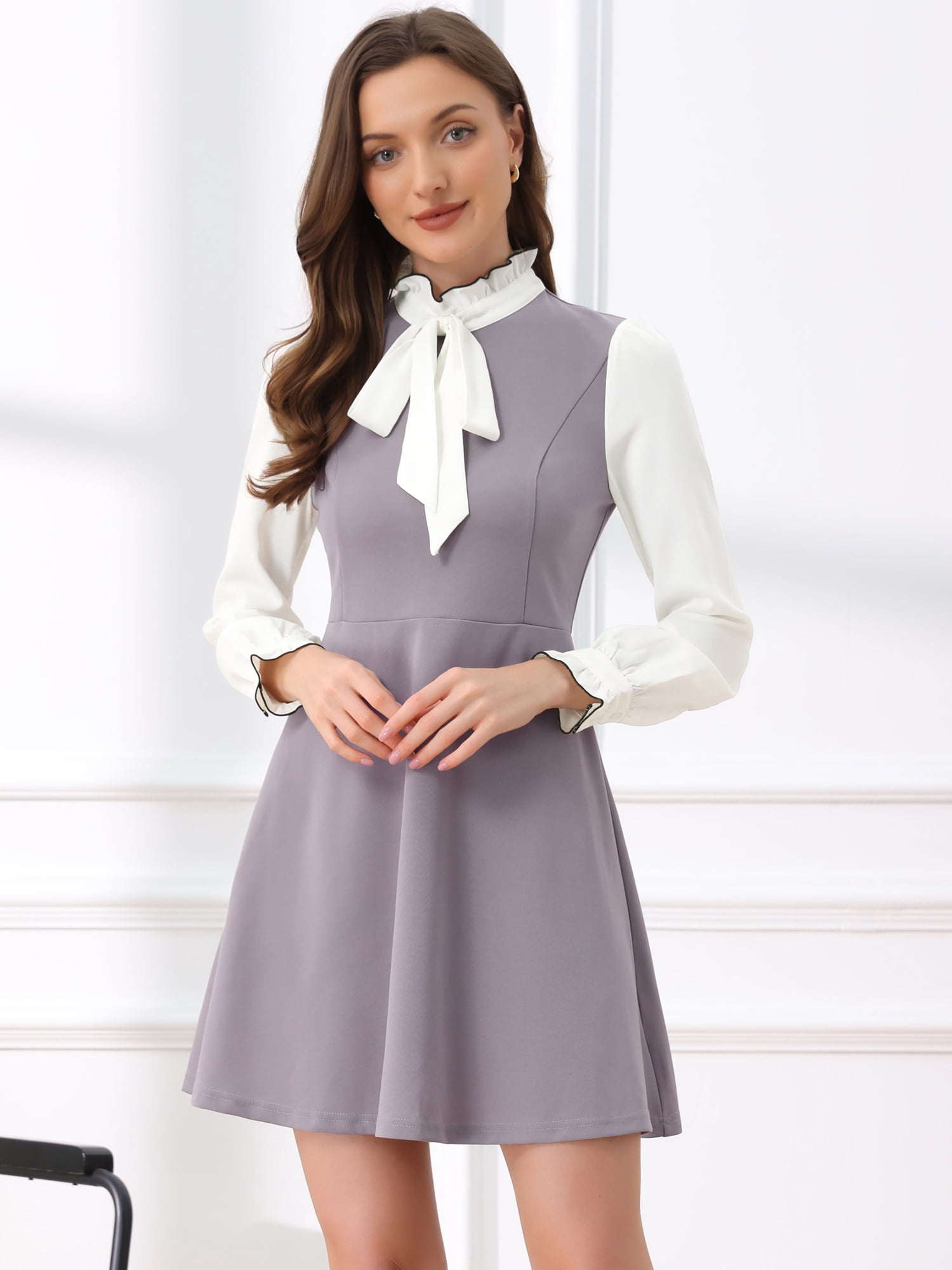 DARING DIVA Contrast Tie Neck Long Sleeve Elegant A-Line Dress S Grey