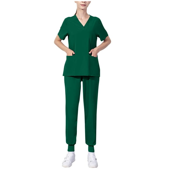 Xfvqtps Scrub Set for Women Solid Color V-Neck Stretch Scrub Top and Elastic Waist Jogger Scrub Pants Short Sleeve Protective Suit Set Working Uniforms with Pockets Green