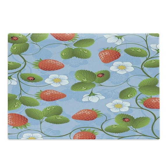 Ladybugs Cutting Board, Strawberries Daisies and Ladybugs Looks Like Ivy Plant Spotted Insects Image, Decorative Tempered Glass Cutting and Serving Board, Large Size, Blue Green Red, by Ambesonne