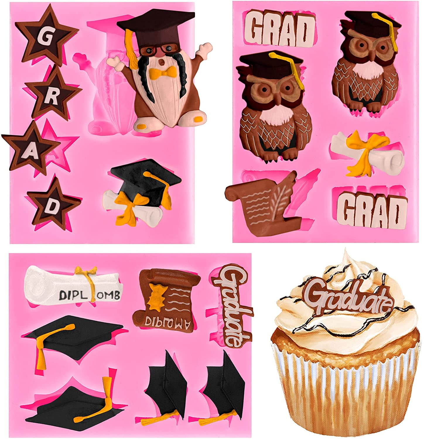 3 Pack Graduation Silicone Molds Graduation Owl Gnome Grad Cap Diploma