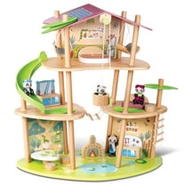 Hape: Pandas Bamboo House - 25pc Wooden & Bamboo 3 Level Doll House, Animal Figurines & Accessories, Playset, Green Planet Explorers, Kids Ages 3 