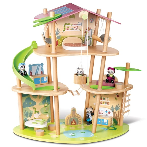 Hape: Pandas Bamboo House - 25pc Wooden & Bamboo 3 Level Doll House, Animal Figurines & Accessories, Playset, Green Planet Explorers, Kids Ages 3 