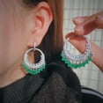 thumbnail image 2 of Ethnic Green Pave CZ Women Long Tassel Charms Round Huggie Dangle Drop Earrings, 2 of 9