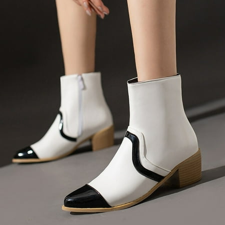 

TALKVE Women s Autumn And Winter Color Blocked Round Toe Middle Heel Fashion Zipper Square Heel Retro Mid Well Boots