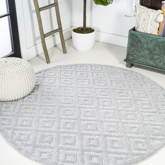 JONATHAN Y IBIZA 5' Round Area Rug, Portmany Neutral Diamond Trellis - Light Gray, IBZ104C-5R