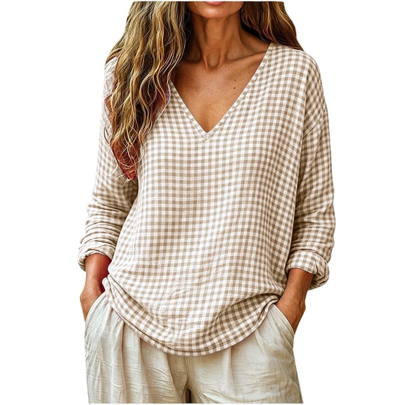 Bosfbaoi Tops for Women Gingham Plaid V Neck Long Sleeve Womens Tops Loose Curved Hem Casual Blouses