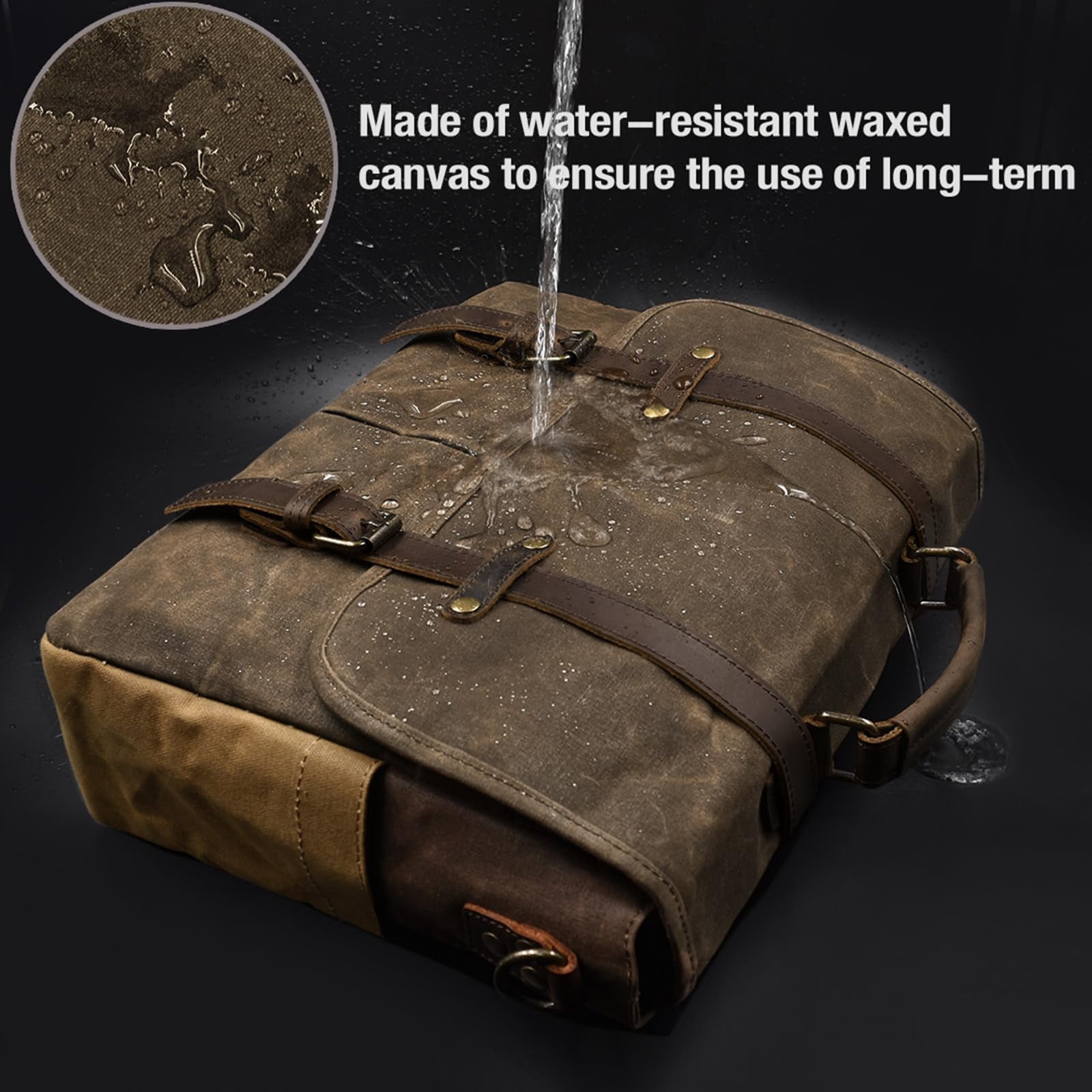 Mens Messenger Bag 15.6 Inch Waterproof Vintage Genuine Leather Waxed Canvas Briefcase Large Leather Computer Laptop Bag Rugged Satchel Shoulder Bag,Coffee