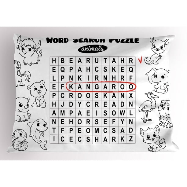 Word Search Puzzle Pillow Sham Black and White Game Sheet Design