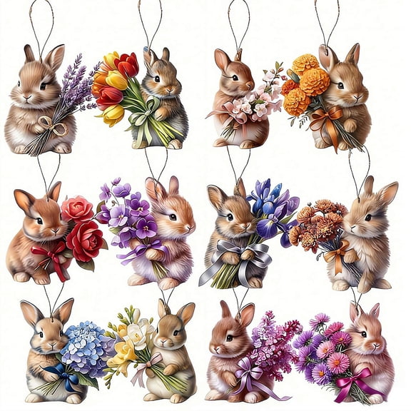 12Pcs Easter Tree Decorations Cute Rabbit Hanging Ornaments with Flower Easter Bunny Egg Farmhouse Wooden Ornaments for Holiday Home Indoor Party Crafts Decorations