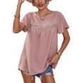 thumbnail image 3 of Blusa de manga corta de jacquard, blusa de manga con volantes de encaje y cuello redondo para mujer, verano, primavera, rosa, M, 3 of 8
