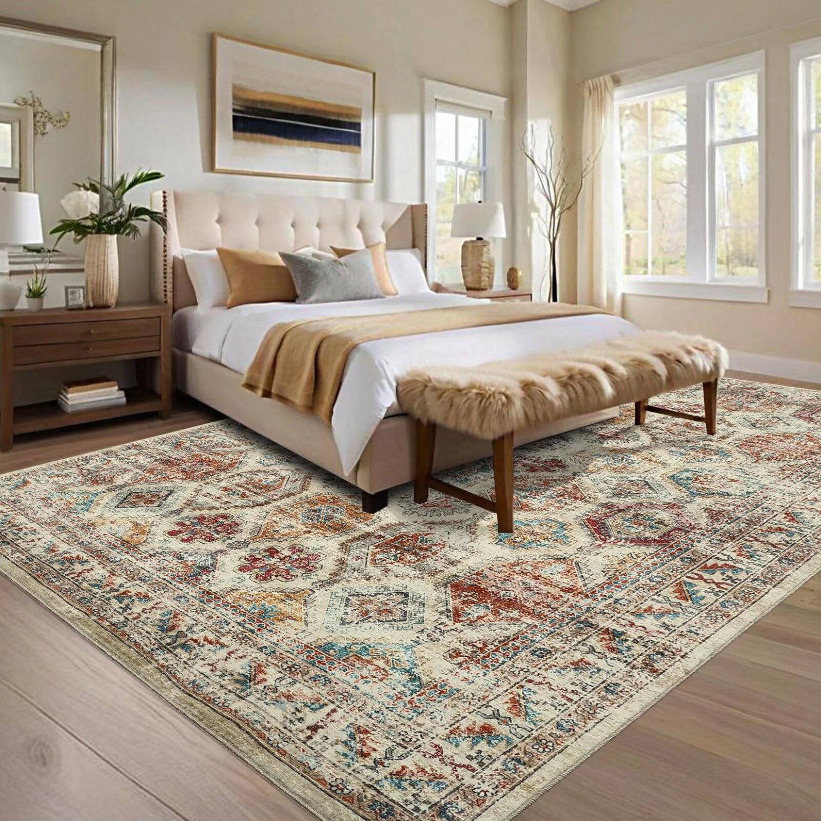 Hasoo Indoor Washable Area Rug 9' x 12' Floral Rugs for Living Room Geometric Throw Floor Mats Non-Slip Accent Carpet Colorful