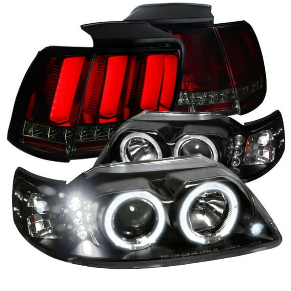 Spec-D Tuning Halo Black Projector Headlights   Sequential LED Tail Lights Red Compatible with 1999-2004 Ford Mustang Left   Right Pair Headlamps Assembly