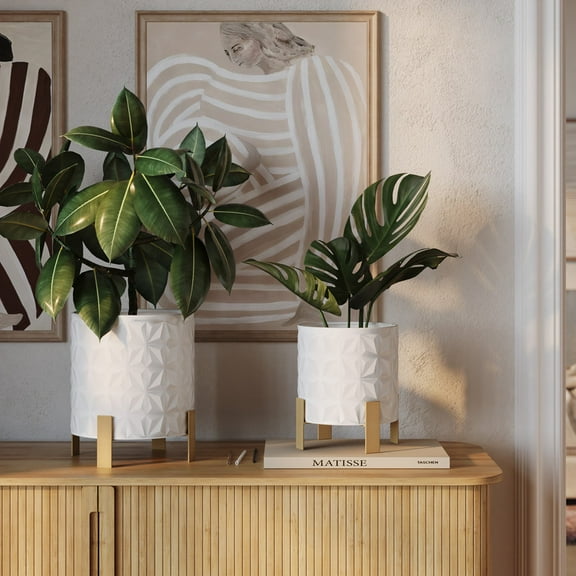 2-Piece Geometric Metal Planter Pot With 4-Leg Gold Metal Base - White - 12"H x 11"W / 10"H x 9"W