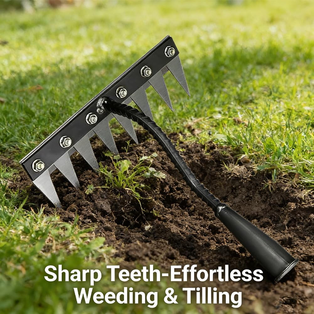 Carbon Steel Gardening Hand Rake Tool – 5/6/7/8-Tine Carbon Steel Weeding Rake with Mounting Hole – Versatile Weeder for Yard, Farm, Soil, and Lawn Care
