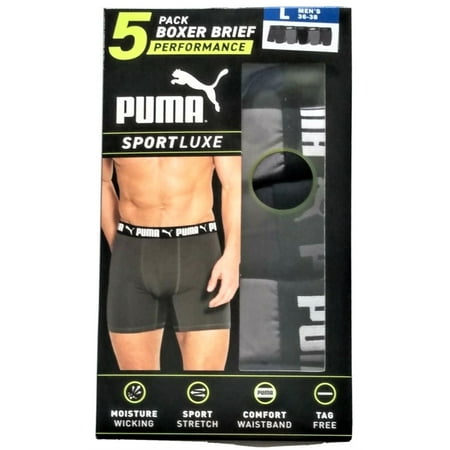 Puma Men's Sportluxe Performance Boxer Brief, 5-pack (Large, Blue, Gray and Black)