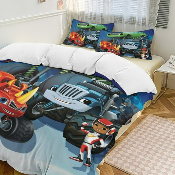 Blaze And The Monster Machines Duvet Cover Bedding Set Cartoon Print Soft Quilt Cover 3 Pieces, 1 Comforter Cover & 2 Pillowcases for Kids Teens Boys Girls Room Decor 86"x70"