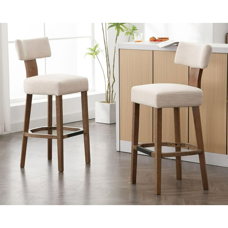 Farmhouse 30 Extra Tall Bar Stools Set of 4 Modern Counter Height Barstools with Backs Rustic Wood Bar Stools Linen Upholstered Counter Chairs Kitchen Island Stool Chairs with Wood Frame Beige