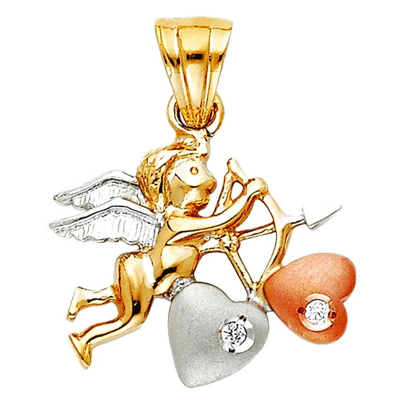 14k Yellow Gold White Gold and Rose Gold Cubic Zirconia Cupid Pendant Necklace 19x16mm Pendant for Women