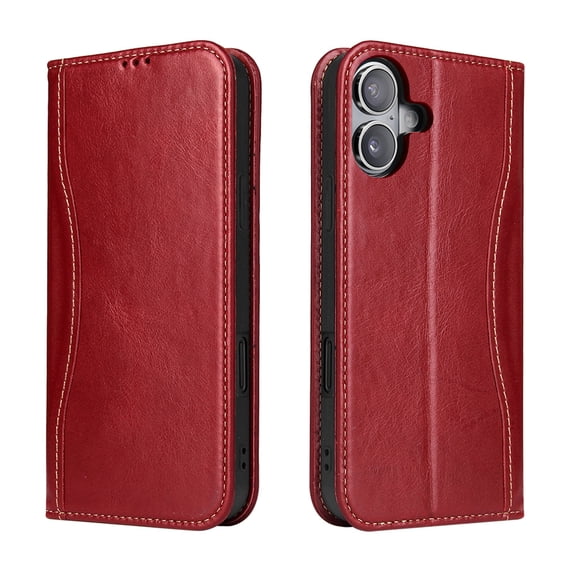 TECH CIRCLE for iPhone 17 Classic Wallet Case, Genuine Leather Magnetic Closure Book Folding Flip Leather Case with Card Holder Kickstand TPU Shockproof Protective Phone Cover,Red