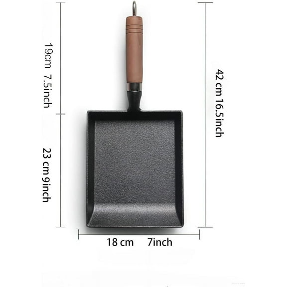 Tamagoyaki Japanese Omelette Pan, Cast Iron Rectangular Frying Pan with Wooden Handle