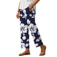 thumbnail image 1 of Women's Bohemian Floral Stripe Linen Capri Pants with Elastic Drawstring Waist for Spring Summer Beach Comfort, 1 of 6