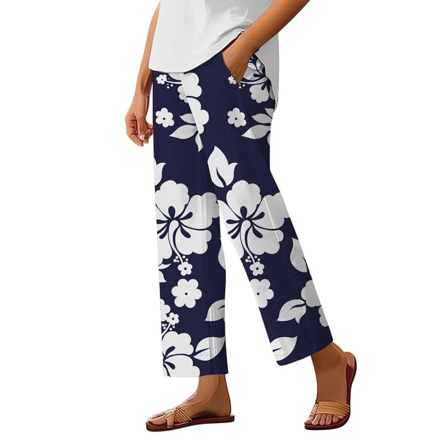 Women's Bohemian Floral Stripe Linen Capri Pants with Elastic Drawstring Waist for Spring Summer Beach Comfort