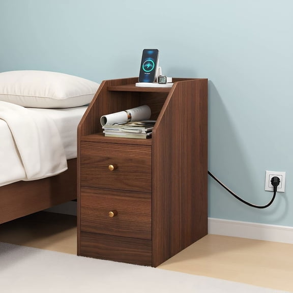 Resenkos Side End Table with Charging Station, Sofa Couch Table with Shelf Drawer for Living Room, Bedroom, Walnut