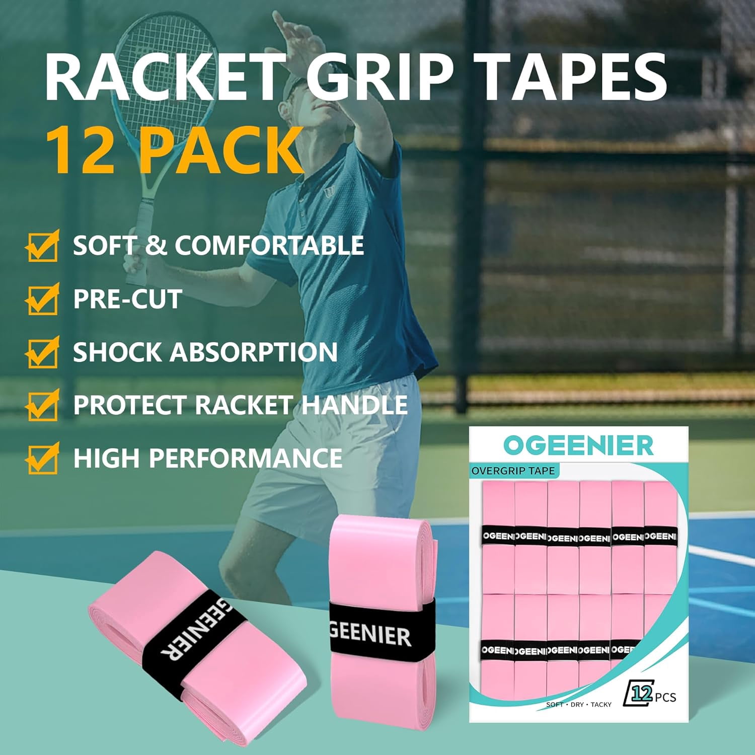Tennis Racket Grip Tape, 3/6/12 Pack, Absorbent and Anti-Slip Tennis Overgrip, Precut Soft Pickleball Paddle/Badminton Wrap Grips Tape