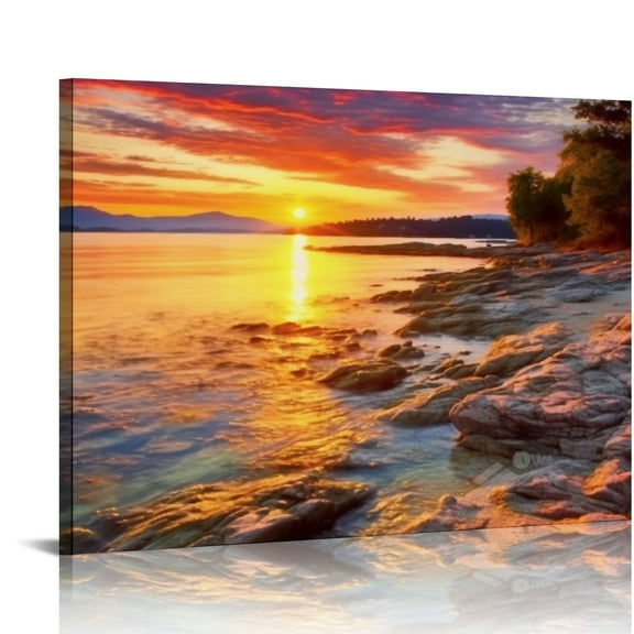 COMIO Canvas Wall Art Amazing sunset seascape beauty of nature Scenic view of the sea rocky Painting Poster Print Pictures On Canvas Giclee Artwork Ready to Hang for Home Office Wall Decor