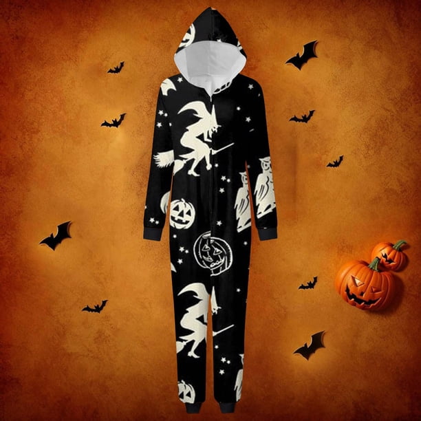 Family Halloween Pjs Matching Sets Halloween Print Long Sleeve Zippered One Piece Pajama Hooded Jumpsuit Winter Halloween Pjs Family Set