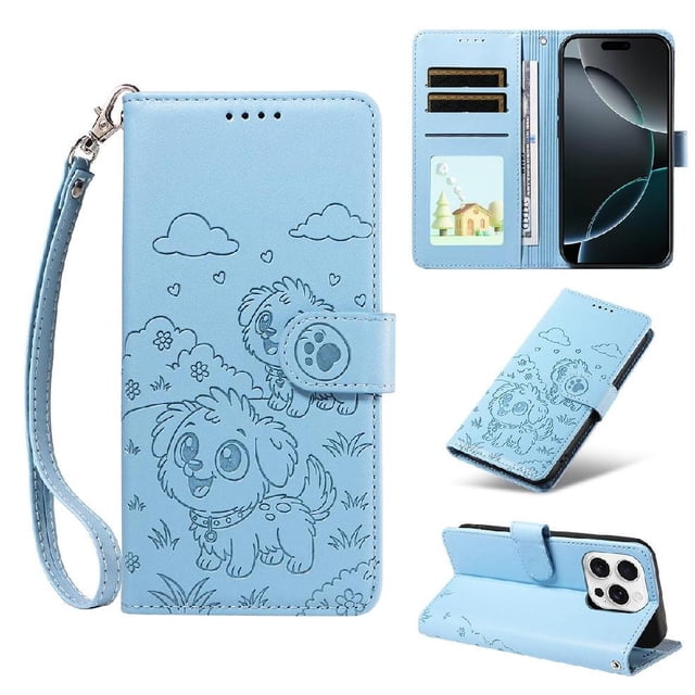 Funda Cartera GANGXUN con Diseño de Perrito en Relieve para iPhone 16 Pro Max , Protección 360° con Ranuras y Correa Desmontable