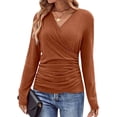 thumbnail image 3 of NFTOEIULA Women Cross-Over V Neck Waist Pleated Long Sleeve Temperament Top, 3 of 7