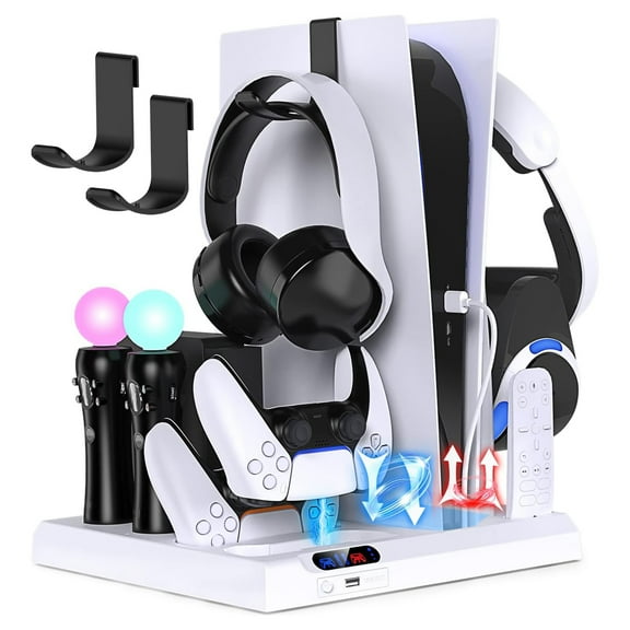 Vertical Stand for PS5 with Cooling Fan and Controller Charging Station, Charging Stand for PSVR, Game Storage Organizer Remote Control Slot-White