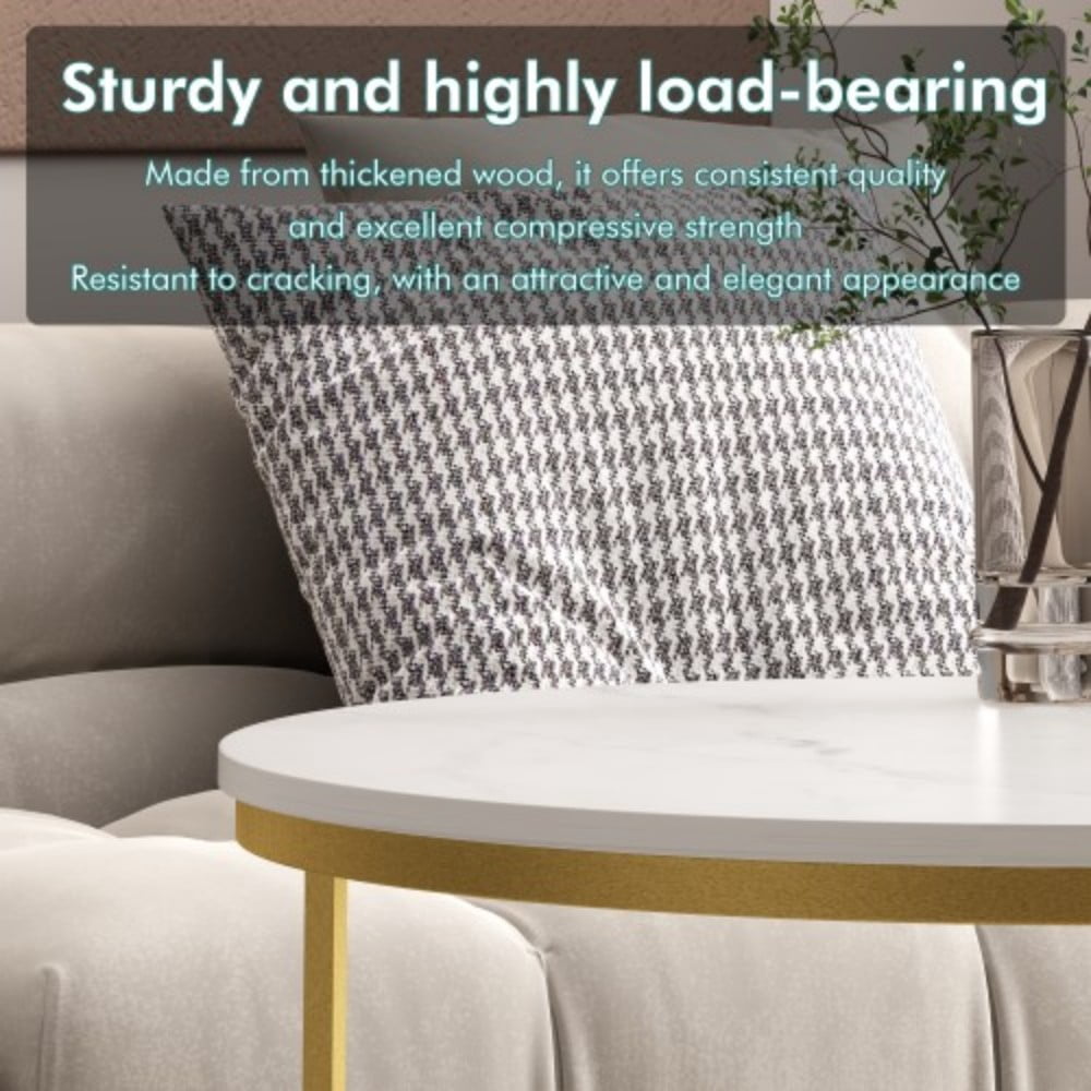 27.6" Nesting Coffee Table Set of 2, Round Wood Marble Pattern Top with Sturdy Metal Frame, Stackable End Tables for Living Room, Bedroom, Office, White & Gold