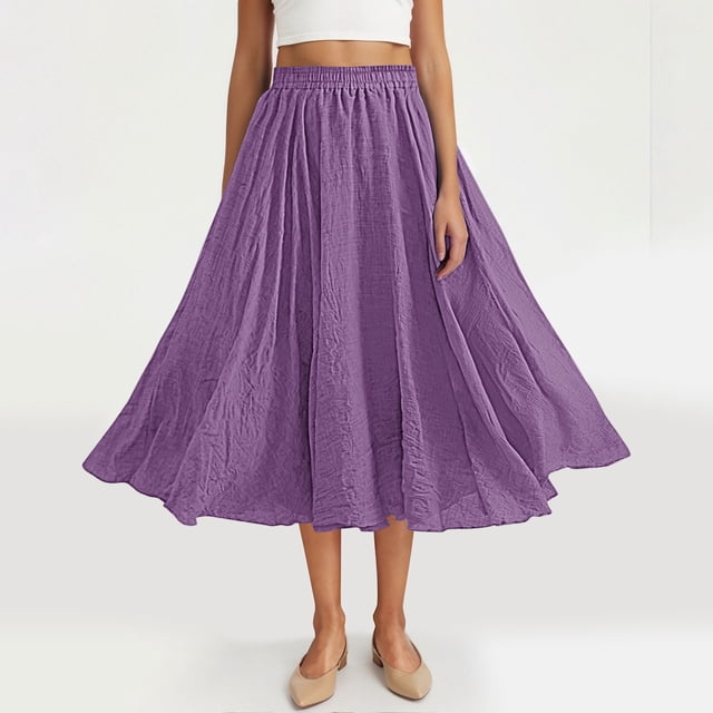 TaTaai Women Summer Solid Elastic Waist Skirt Casual Loose Fit Skirt Ladies Holiday Gathering Vacation Wear Lightweight Breathable No Fading Soft Elegant Skirt Gift