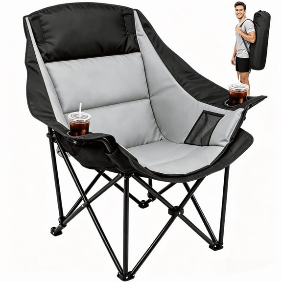 Oversized Camping Chair for Adults - 600D Oxford Portable XL Lawn Chair with Padded Seat, Cup Holders & Cooler Pockets, 500lbs Heavy Duty Folding Camp Chair for Outdoor Beach Fishing Sports