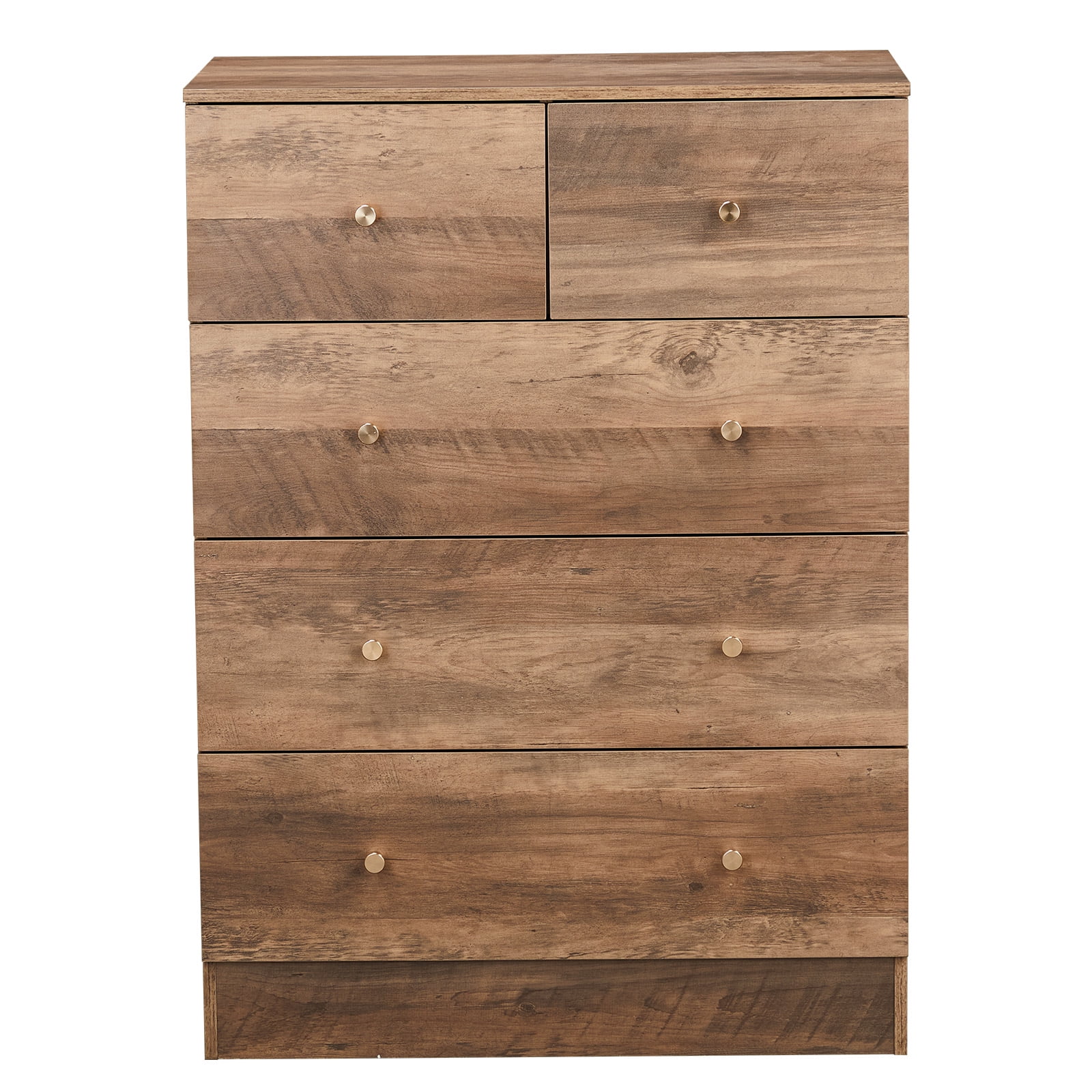 5-Drawer Storage Cabinet, Grey Linen-textured Melamine Particle Board Cabinet with Matte Gold Handles, 3+2 Drawer Organizer for Bedroom Office Living Room