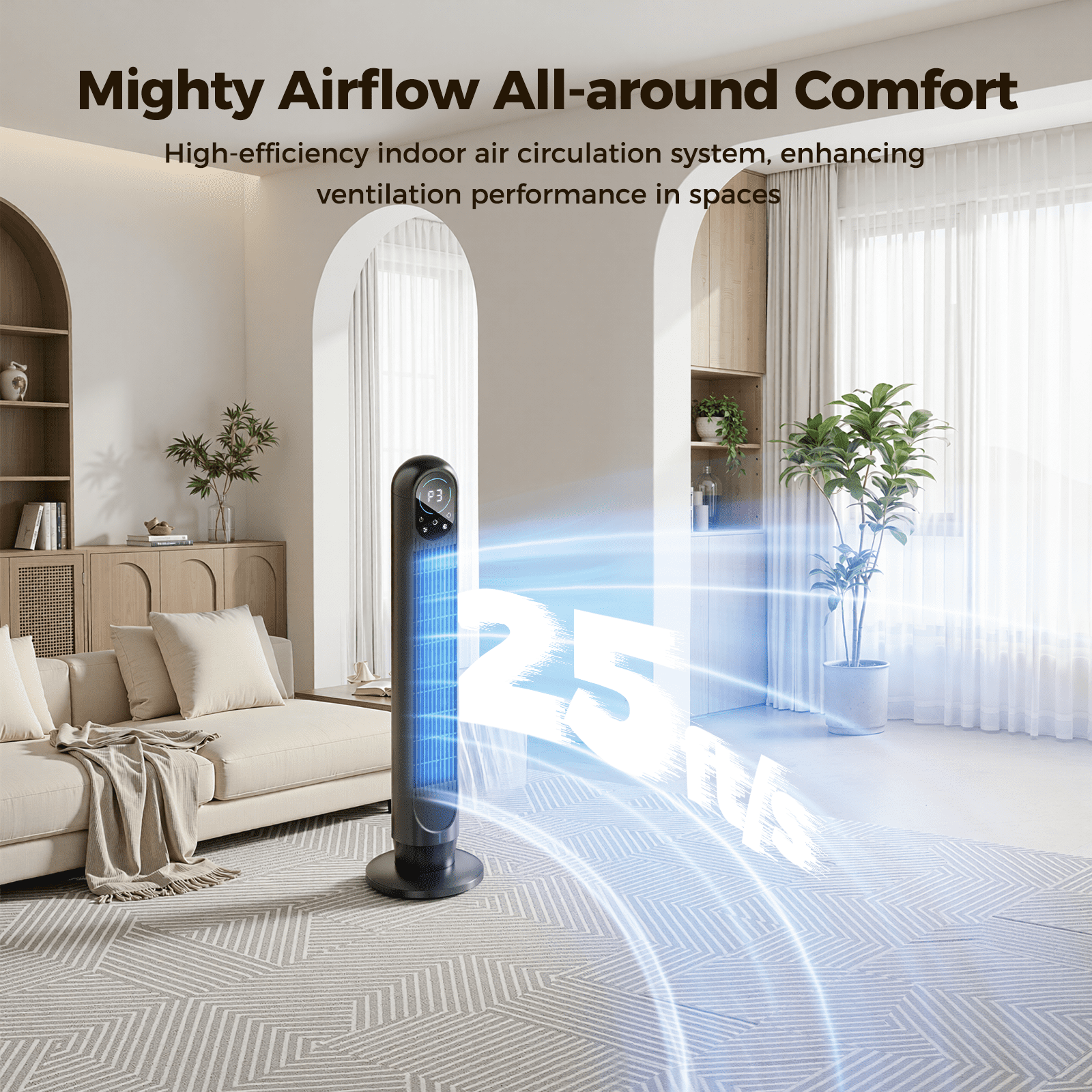Tower Fan For Home with Remote, 31" Bladeless Floor Fans for Home, 4 Modes & 4 Speeds, 12H Timer, LED Display, Wide Oscillating Wide Cooling for Bedroom, Office