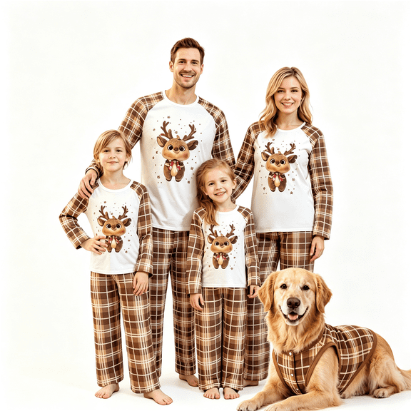 RUINIXCW Family Christmas Pajamas Matching Set Christmas Jammies Holiday Outfit Xmas PJS Set Sleepwear Long Sleeve Reindeer Printed Tops Plaid Pants Set