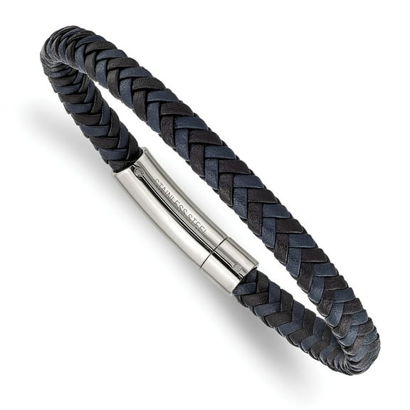 Primal Steel Stainless Steel Polished Black and Blue Braided Leather 8.25 Inch Bracelet
