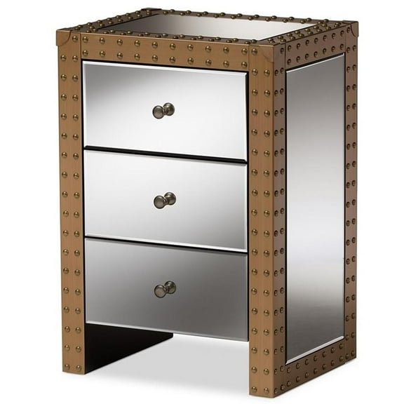 Bowery Hill 3 Drawer Mirrored Nightstand in Silver and Natural