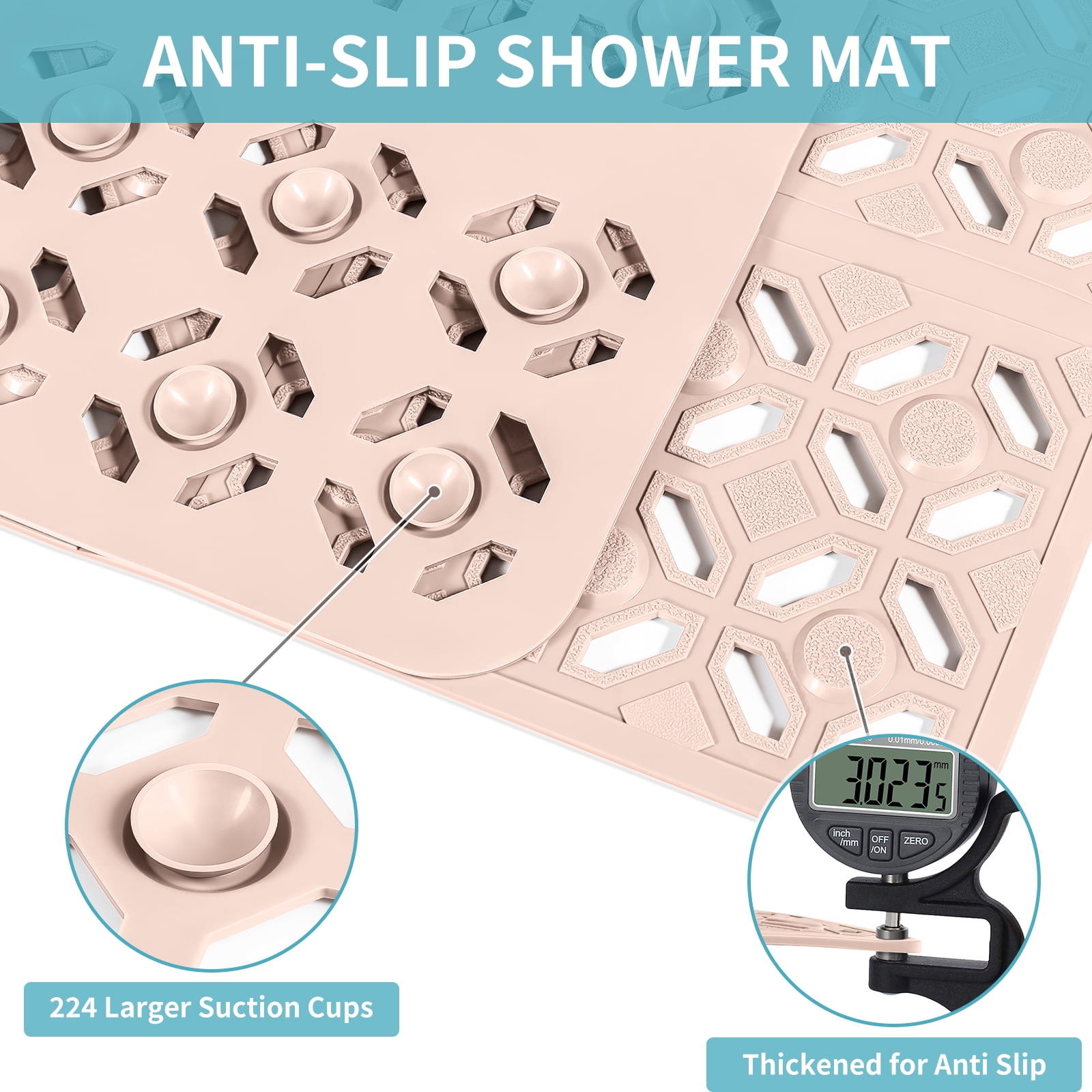 OTHWAY Square Shower Mat,27"x27" Extra Large Bath Mat,TPE Non-Slip Shower Floor Mat with Suction Cups & Drain Holes,Quick-Drying Shower Mat for Bathroom Decor (Baby Pink)