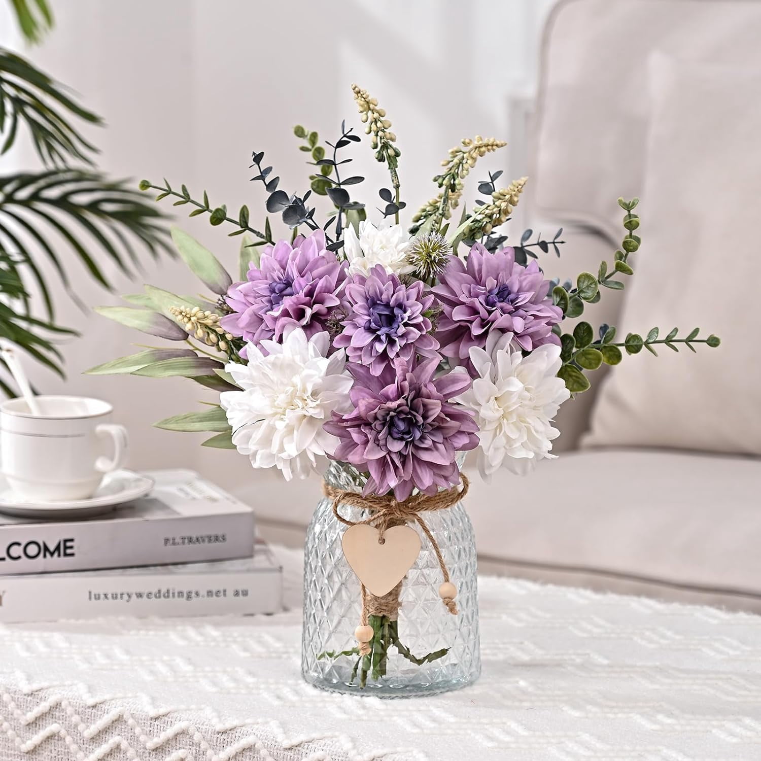 Faux Flowers in Vase, Fake Flowers with Vase, Dahlia Artificial Flowers in Vase Centerpieces for Dining Room Table Artificial Dahlias Flower Arrangement for Home Office Farmhouse