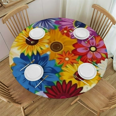 nygtbtfer Spring Colorful Flowers Daisy Fitted Round Tablecloth  Table Cloth with Elastic Edge Wipe Clean Table Cover for Indoor Outdoor 31-35