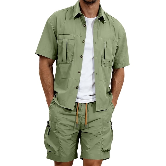 Bpyeka Men's Big & Tall Casual Two-Piece Matching Set, Button Down Collar Short Sleeve Shirt & Drawstring Cargo Shorts, Multi-Pocket Workwear Outfit, 3XL-5XL